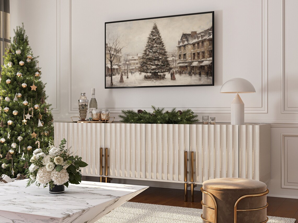 Snowy Town Square Christmas Tree Vintage Holiday Painting Poster - Image 3