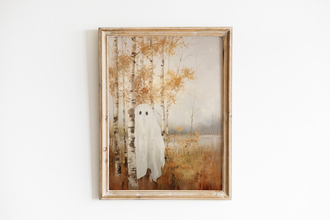 Cute Shy Ghost Hiding Behind Birch Tree Autumn Halloween Poster - Image 2