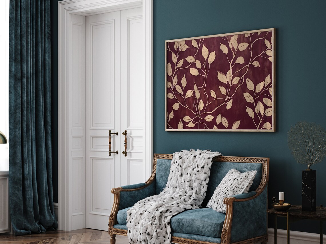 Burgundy Botanical Leaves Batik Style Moody Farmhouse Art Print - Image 3
