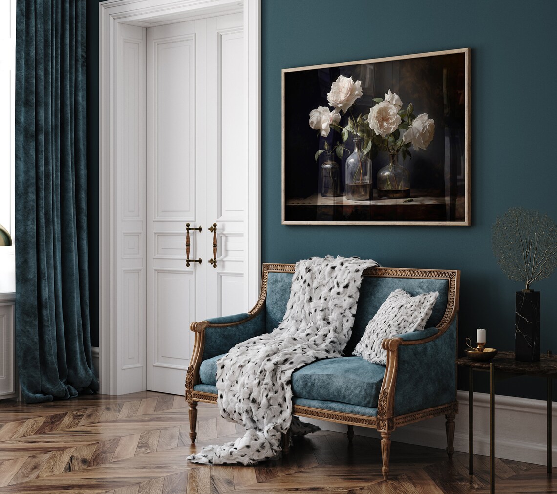 White Roses Dark Moody Floral Still Life Oil Painting Poster - Image 3