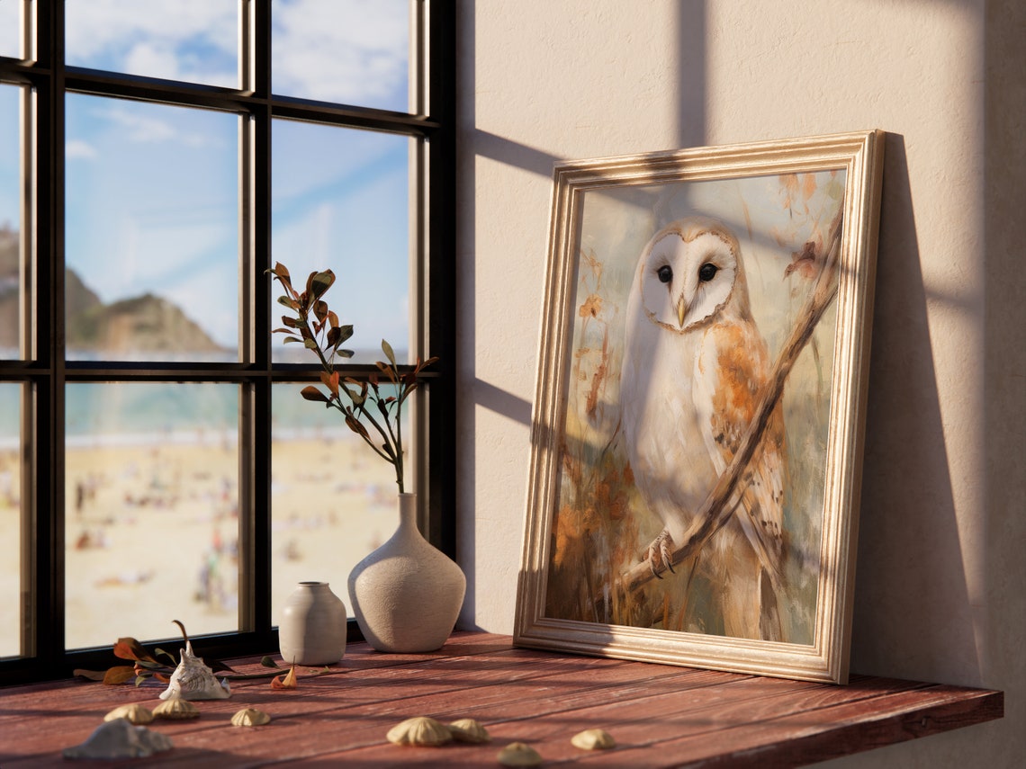Muted Barn Owl Perched on Branch Autumn Oil Painting Style Poster - Image 4