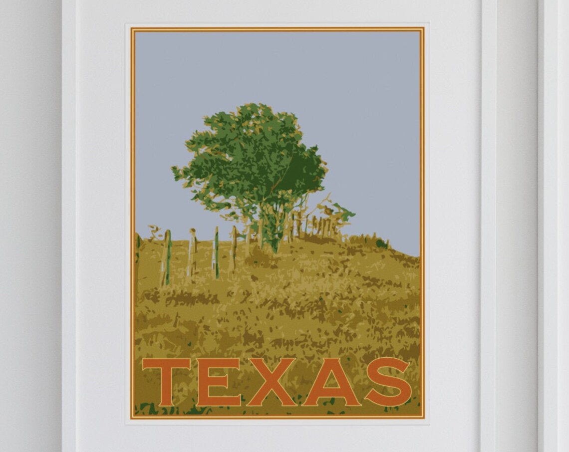 Texas Hill Country Lone Oak Tree Pasture Vintage Travel Poster