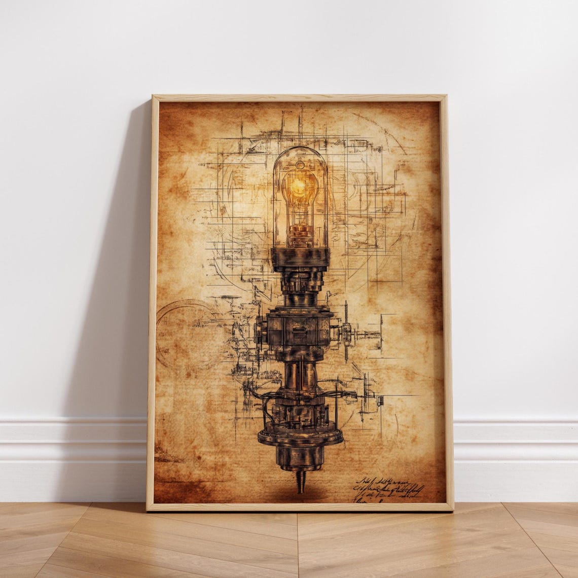 Vintage Light Bulb Blueprint Patent Sketch Steampunk Style Poster