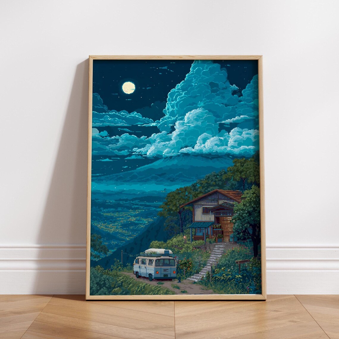 8Bit Pixel Art Moonlit Cabin Poster Print