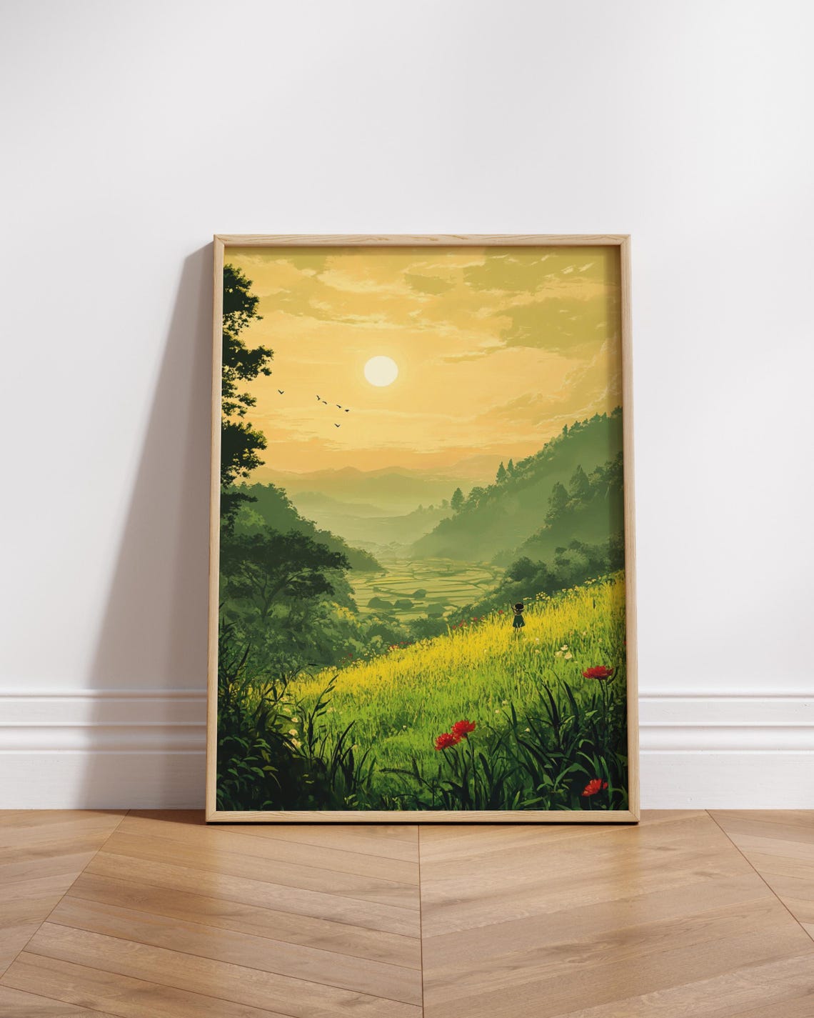 Golden Sunset Valley With Poppies Anime Style Landscape Poster