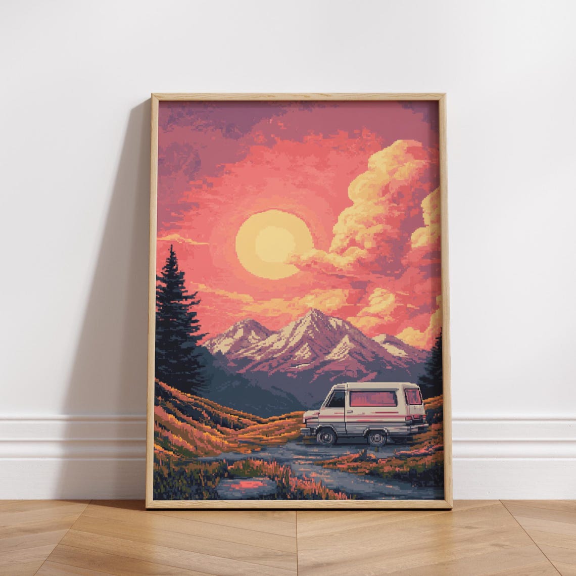 Retro 8 Bit Pixel Art Mountain Sunset Camper Van Adventure Landscape Poster