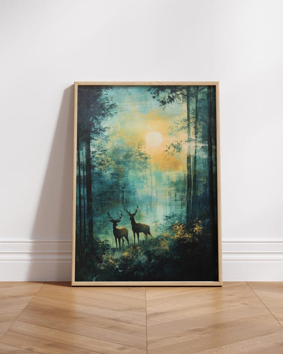 Deer In Colorful Forest Poster Wildlife Woodlands Wall Art Landscape Nature Print