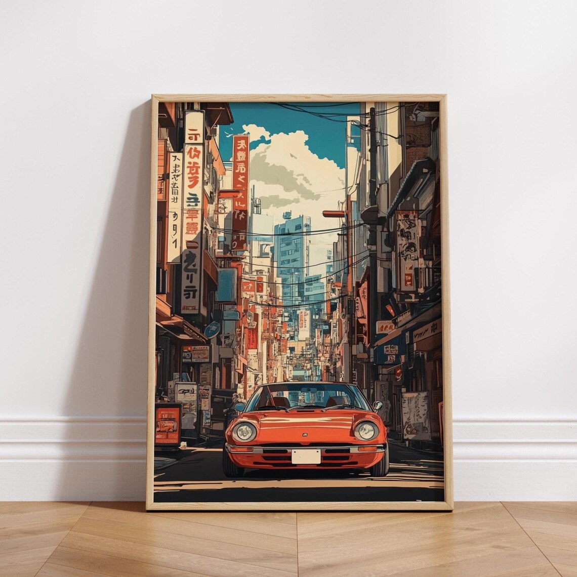 Retro Car in Tokyo Street, Japanese Cityscape Print