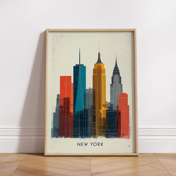 New York Skyline Poster Modern Cityscape Wall Art Retro Urban Print Colorful Travel Decor For Home Or Office