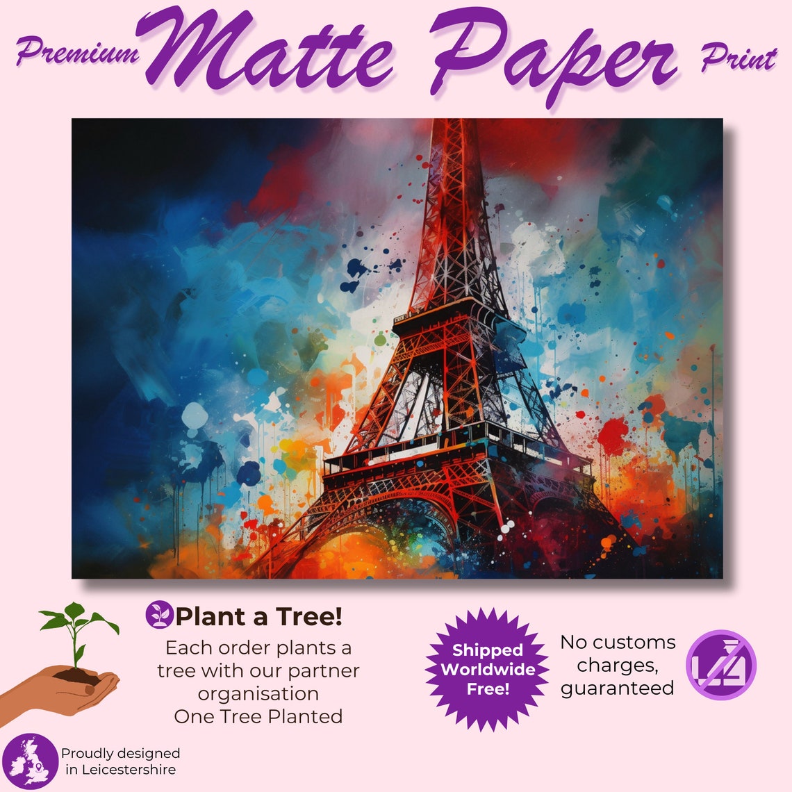 Dramatic Eiffel Tower Red Blue Watercolor Splash Night Poster - Image 3
