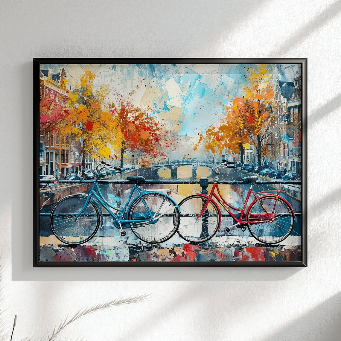 Two Bicycles on Canal Bridge Autumn City Watercolor Art Poster