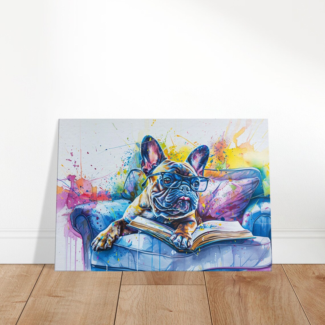 French Bulldog With Glasses Reading On Armchair Splash Dog Poster - Image 3