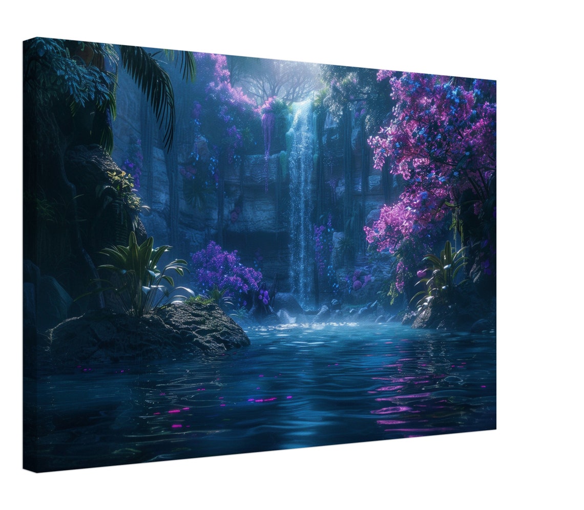 Fairytale Forest Waterfall Purple Blossom Enchanted Nature Art Poster