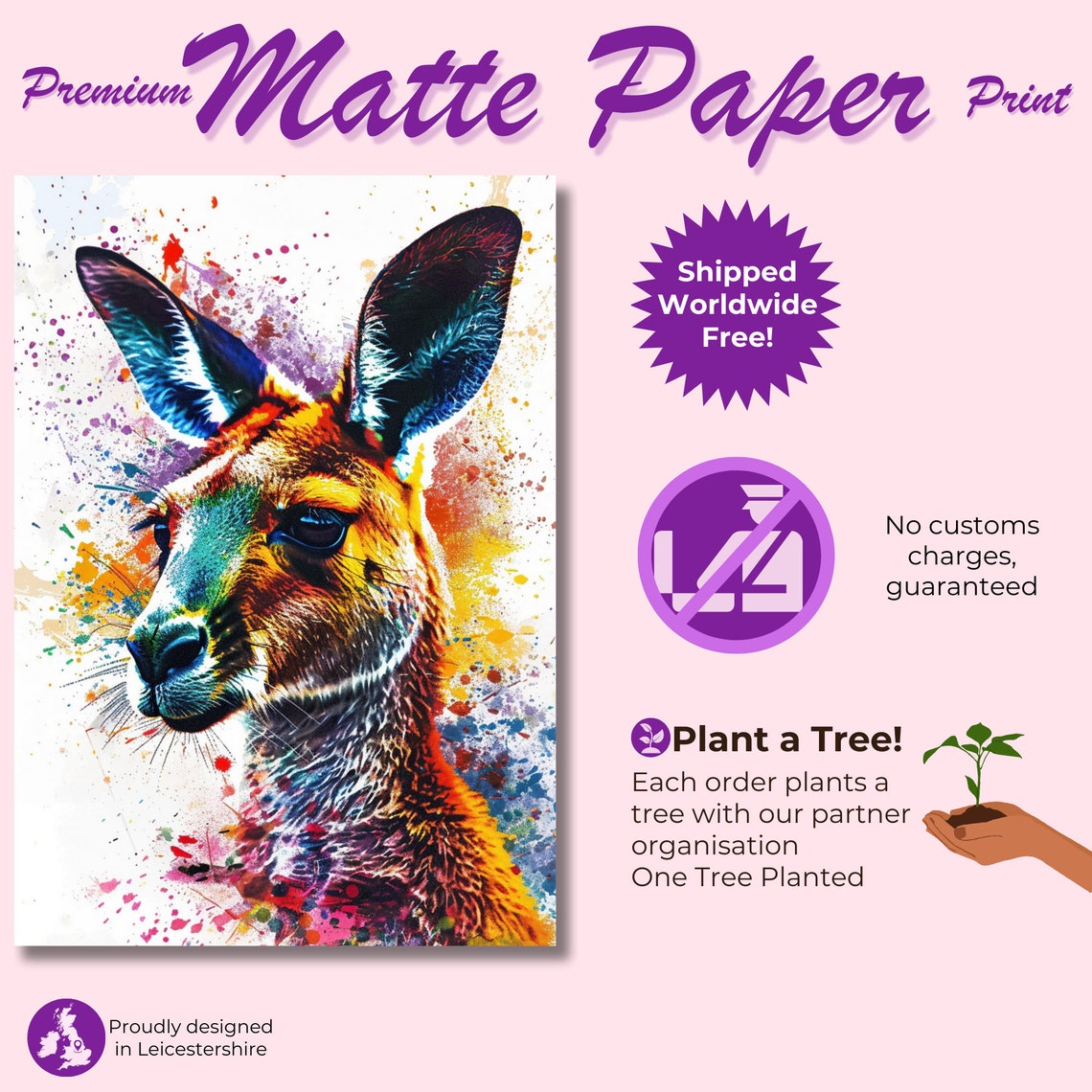 Neon Kangaroo Side Profile Teal Orange Watercolor Splash Poster - Image 3
