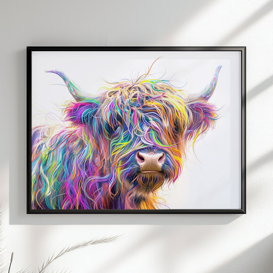 Highland Cow Neon Rainbow Hair Vibrant Shaggy Scottish Cow Art Poster