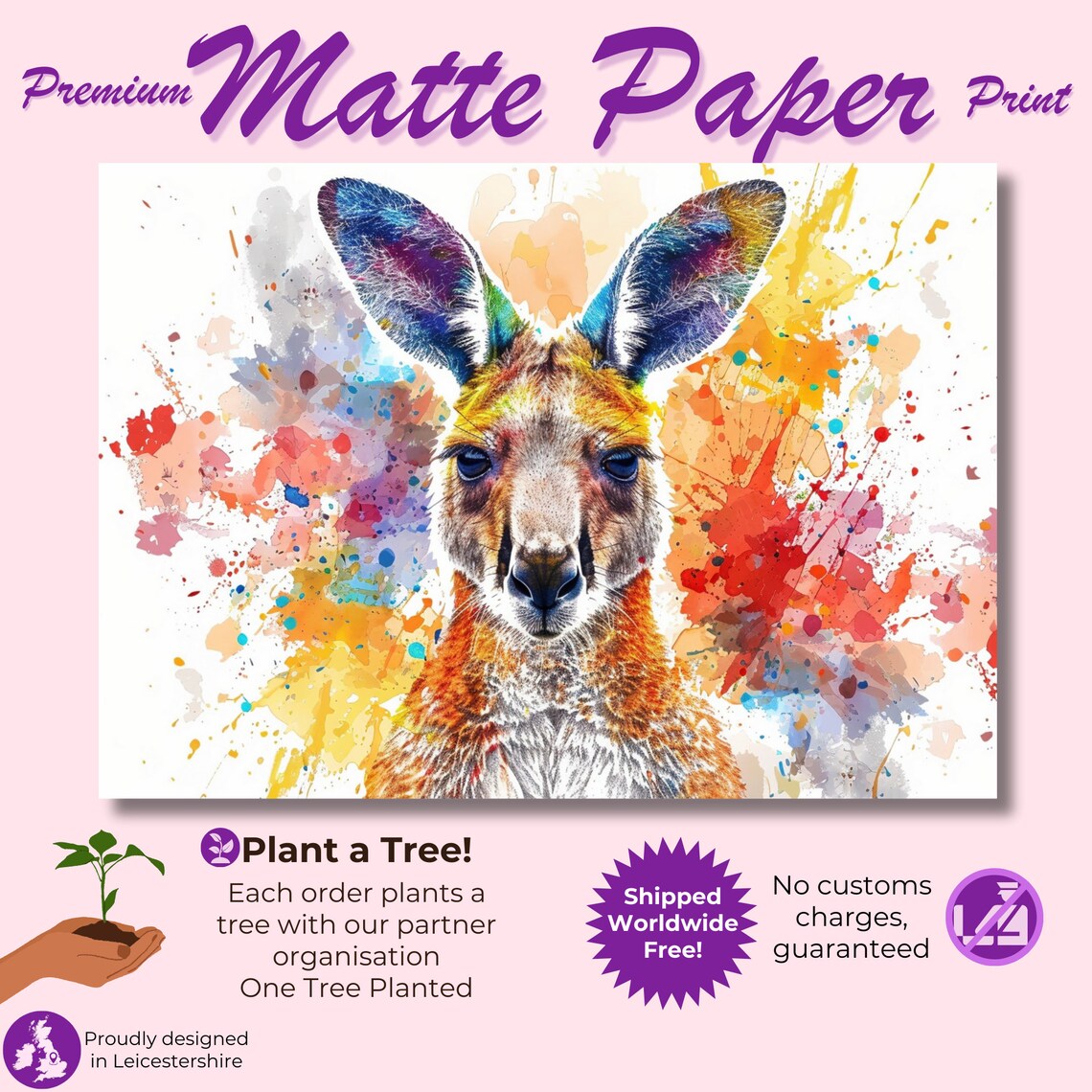 Vibrant Kangaroo Square Art Blue Ears Watercolor Splash Poster - Image 3