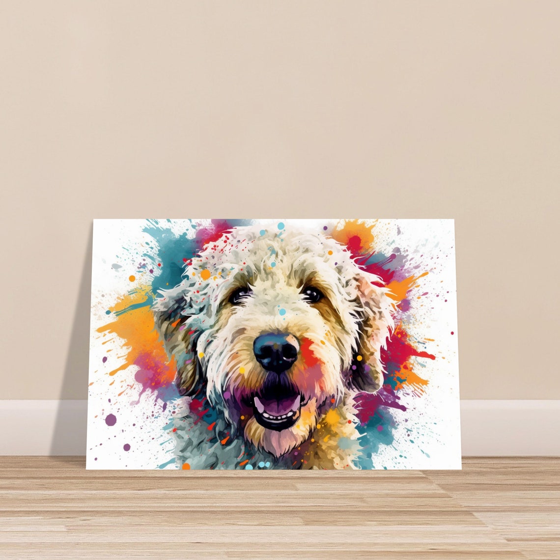 Cream Doodle Dog Portrait With Vivid Colorful Paint Splash Art Poster - Image 3