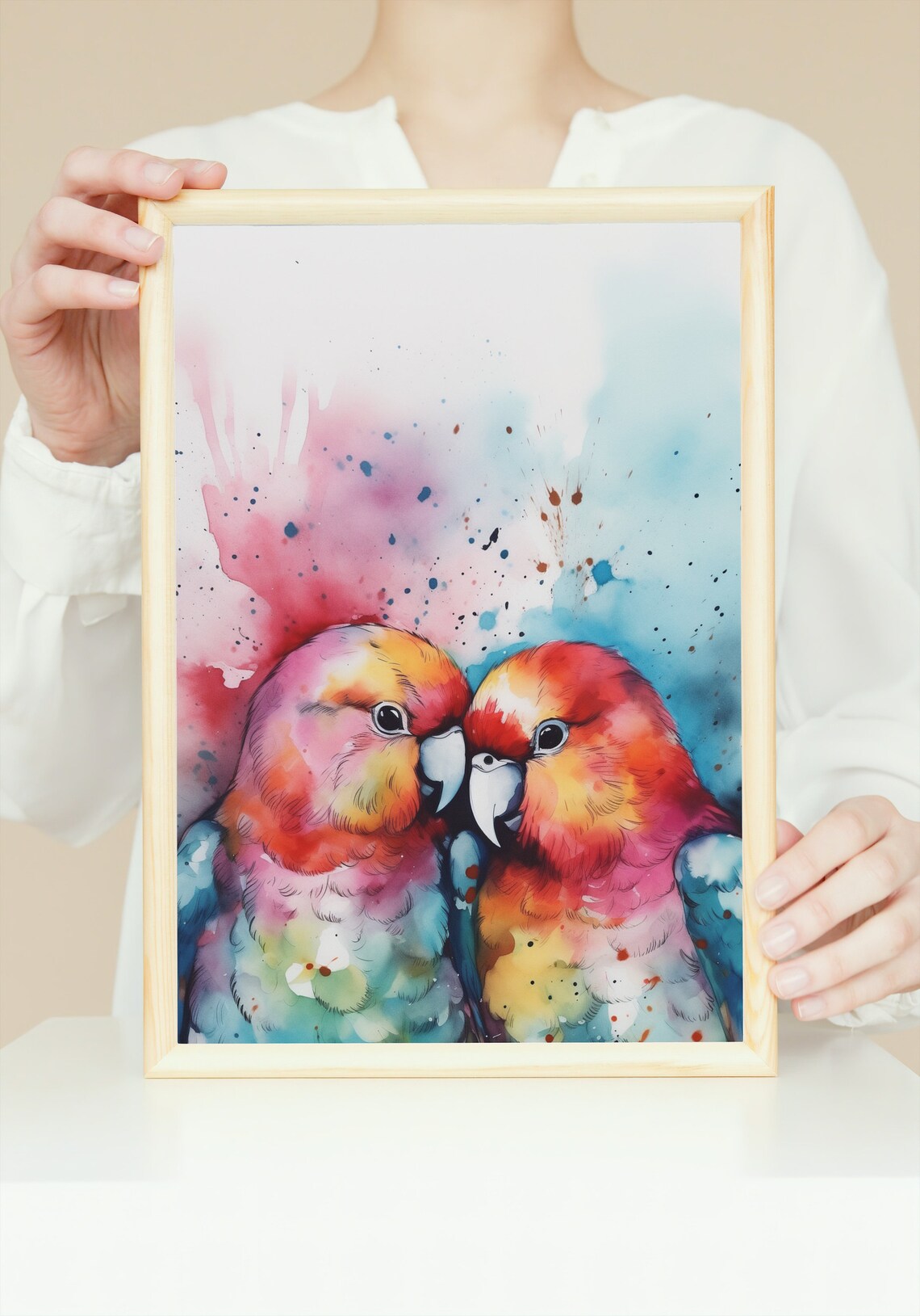 Watercolor Lovebirds Pair Parrots Romantic Bird Painting Love Poster - Image 3