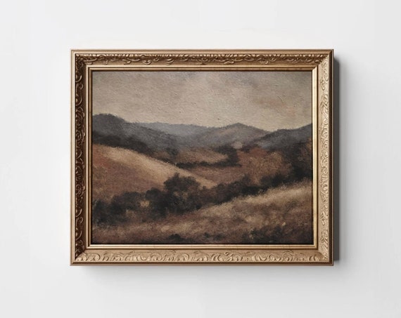 Moody Fall Landscape Art Print, Rustic Beige Hills