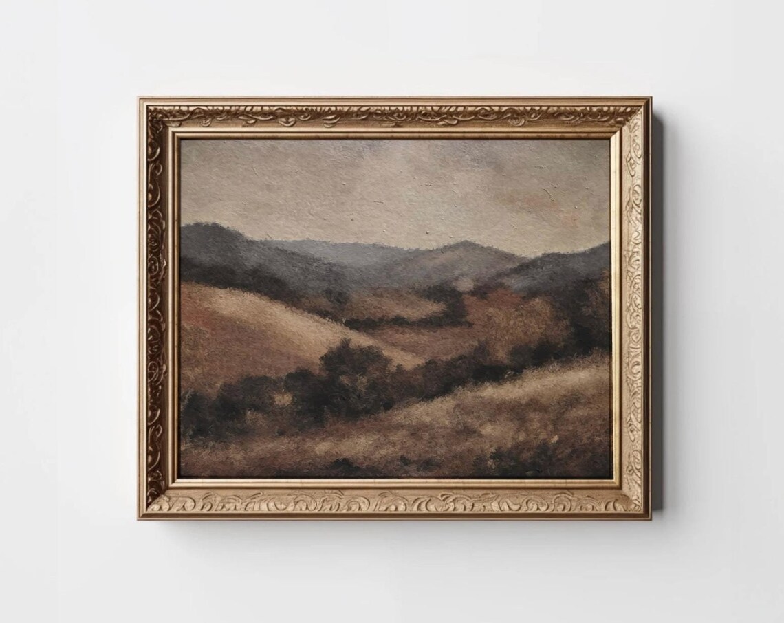 Moody Fall Landscape Art Print, Rustic Beige Hills
