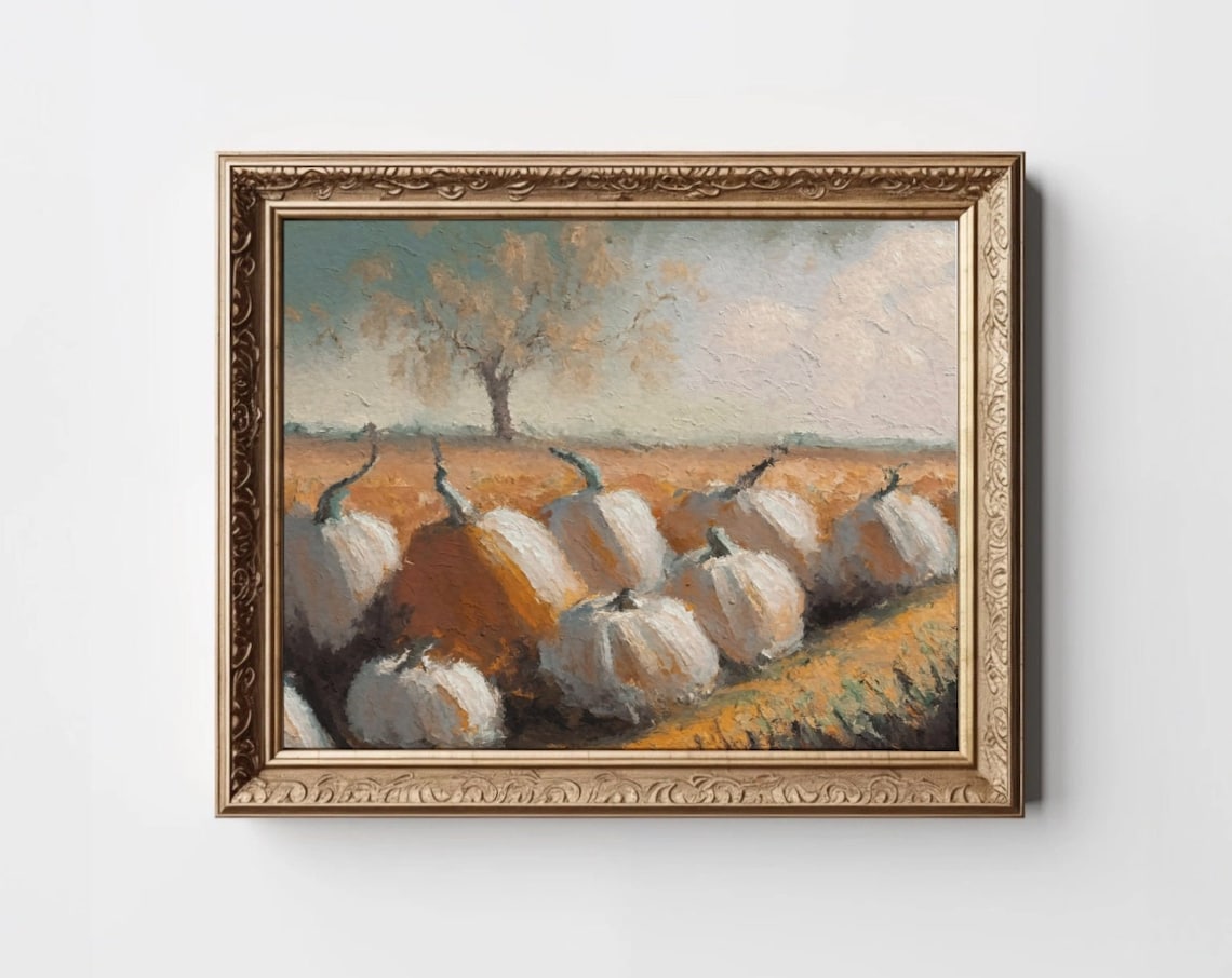 White Pumpkins In Fall Field Vintage Autumn Harvest Scene Poster