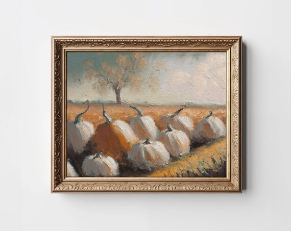 Rustic Pumpkin Field Landscape Print Vintage Fall Decor