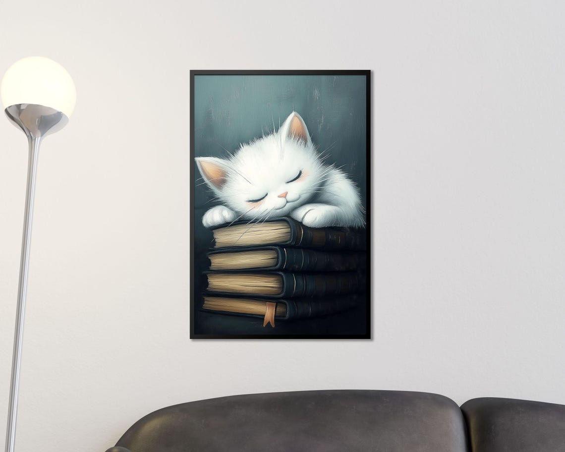 Sleeping White Kitten on Stack of Books Cozy Reading Wall Art - Image 3