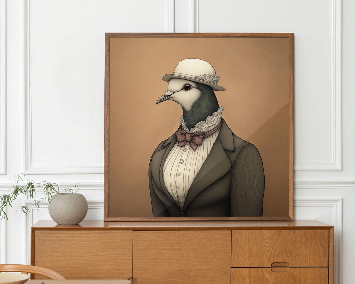 Elegant Lady Pigeon In Hat And Bow Tie Vintage Bird Art Poster