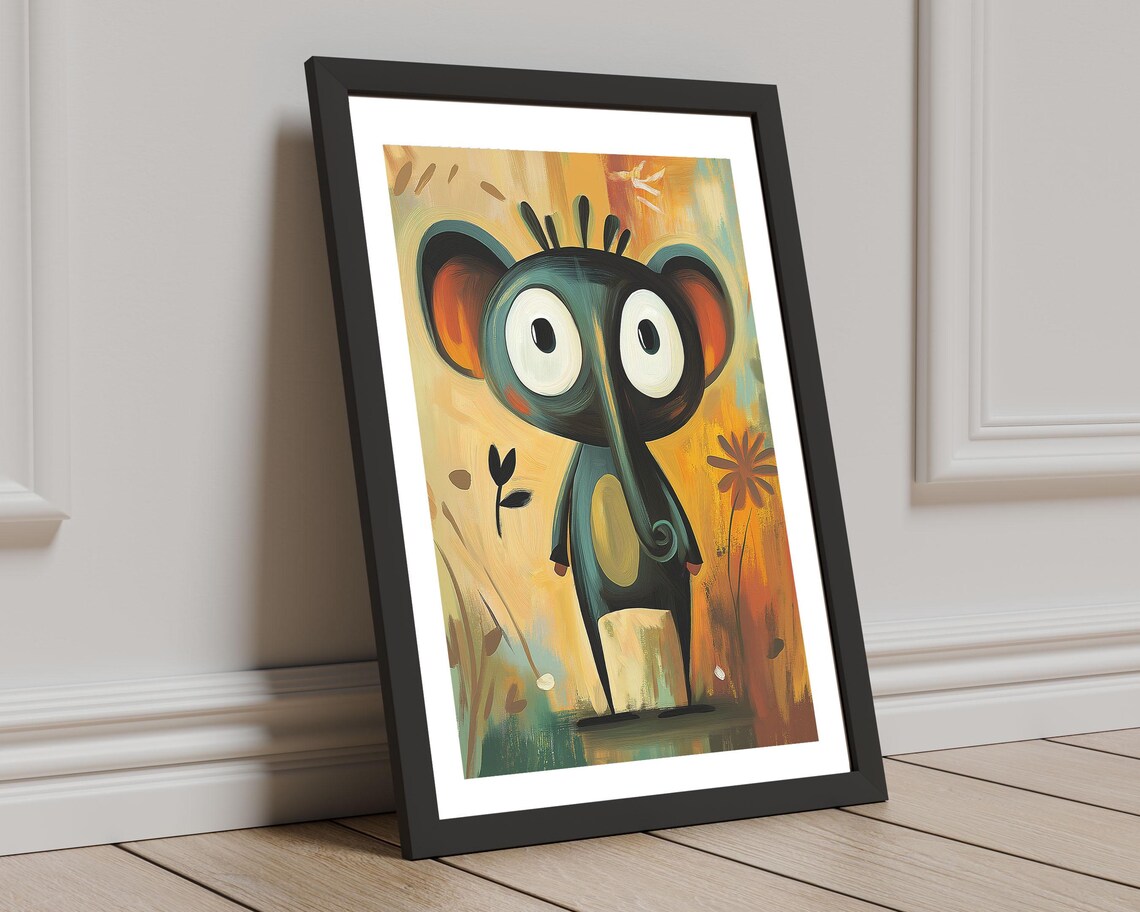 Quirky Big Eyed Elephant Whimsical Orange Oil Painting Animal Poster - Image 7