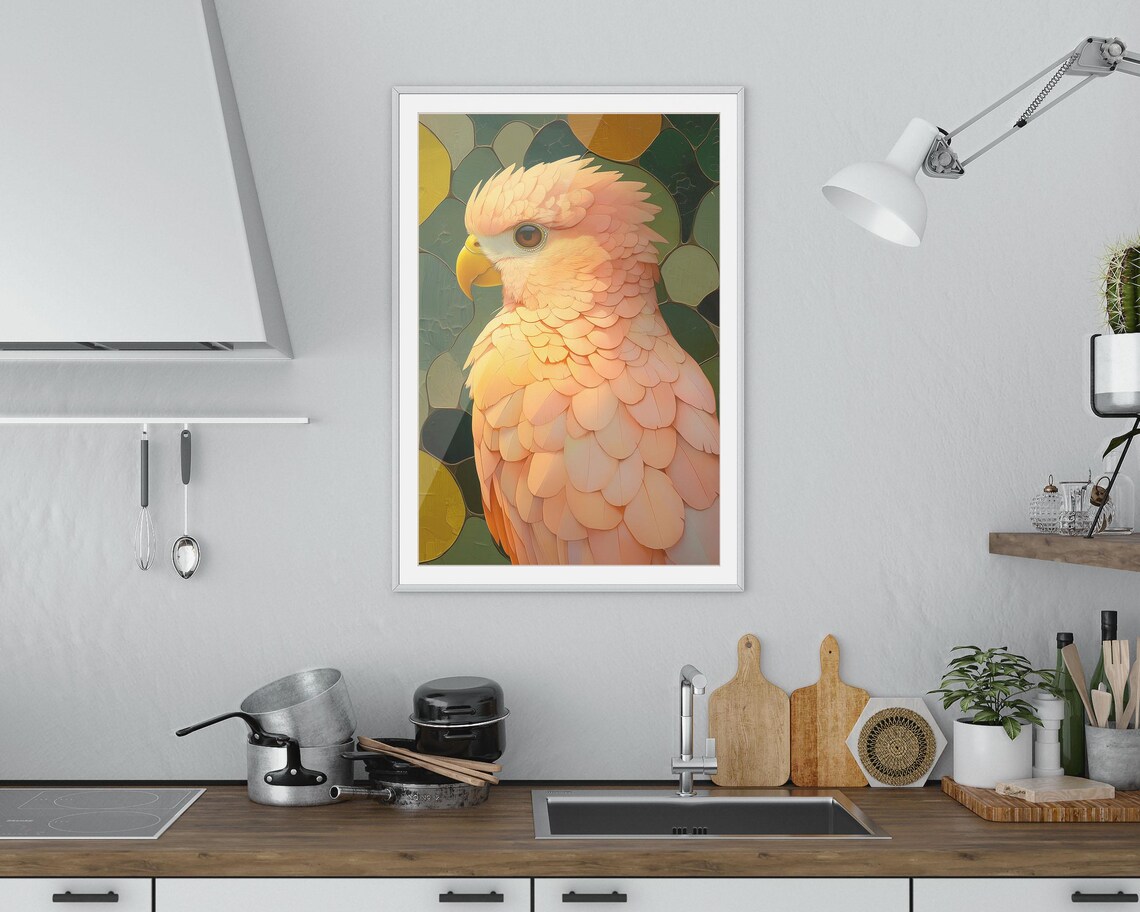 Peach Parrot Stained Glass Mosaic Style Pastel Bird Portrait Print - Image 3