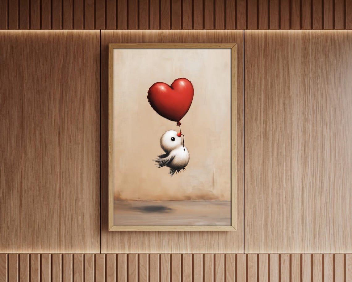 Tiny White Bird Floating with Red Heart Balloon Nursery Wall Art - Image 7