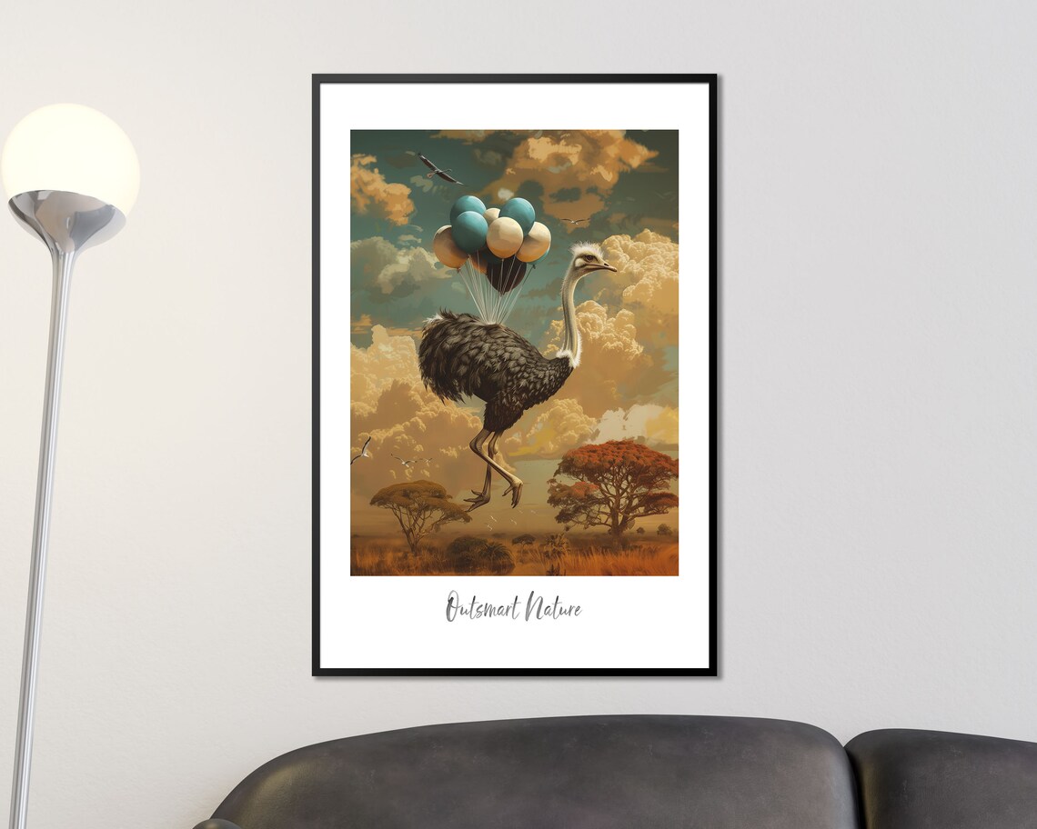 Ostrich Flying With Balloons Outsmart Nature Surreal Art Poster - Image 2