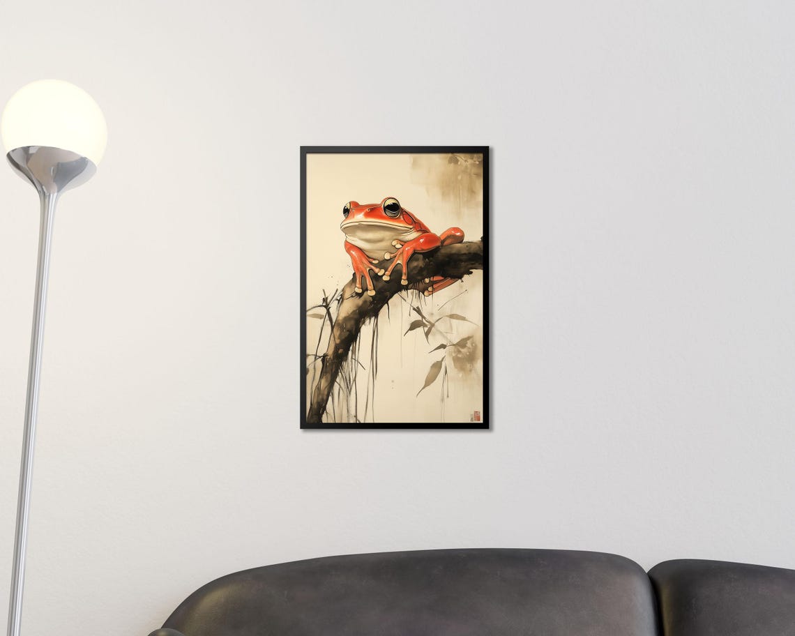 Japanese Sumi E Style Red Frog Resting on Branch Ink Wash Wall Art - Image 2