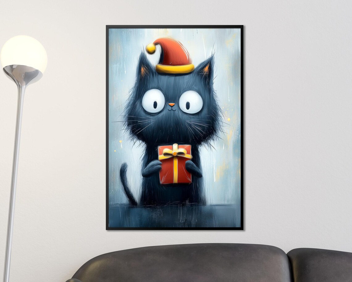 Black Cat With Santa Hat Holding Gift Box Funny Christmas Art Poster - Image 2