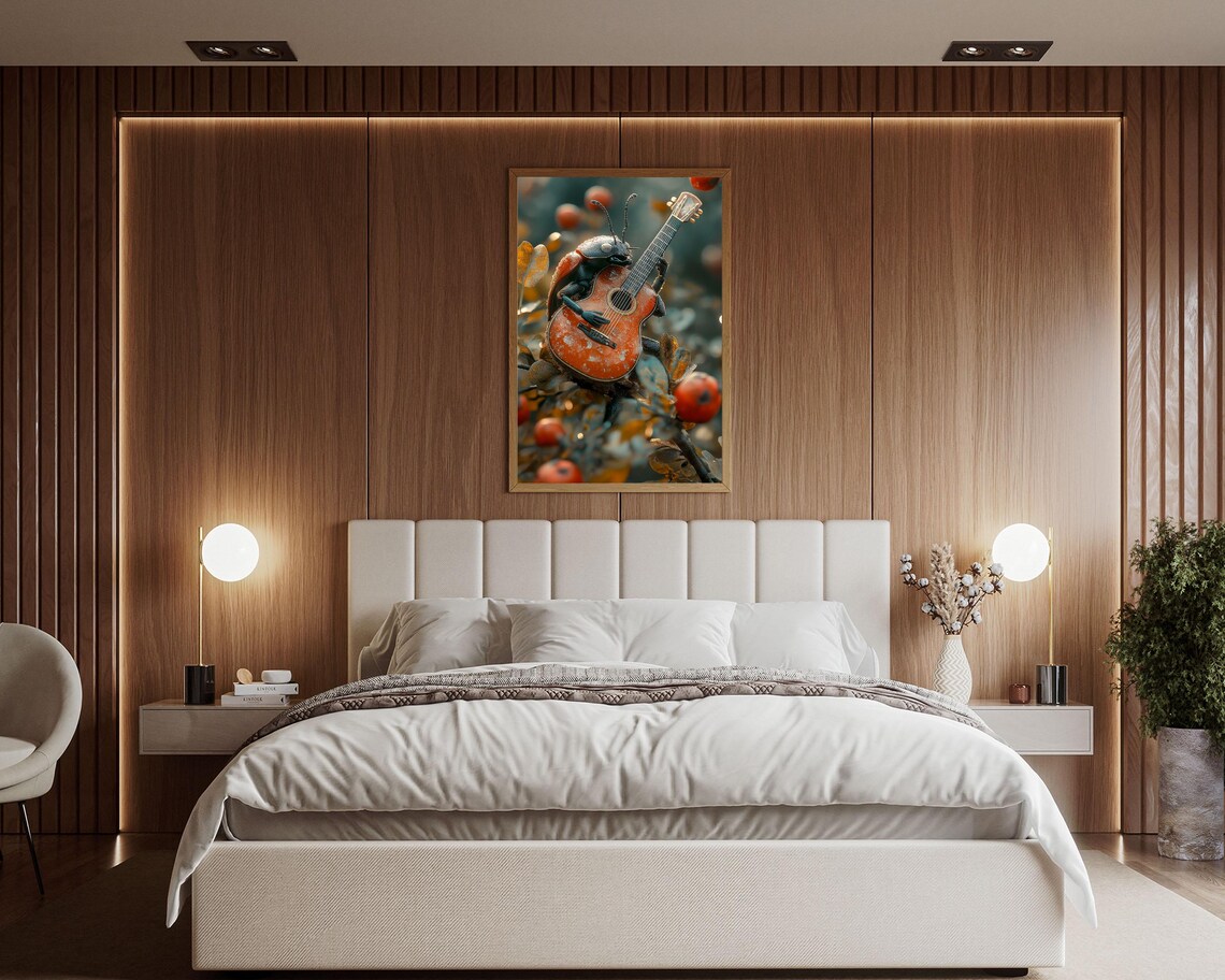 Ladybug Playing Acoustic Guitar On Berry Branch Nature Art Poster - Image 2