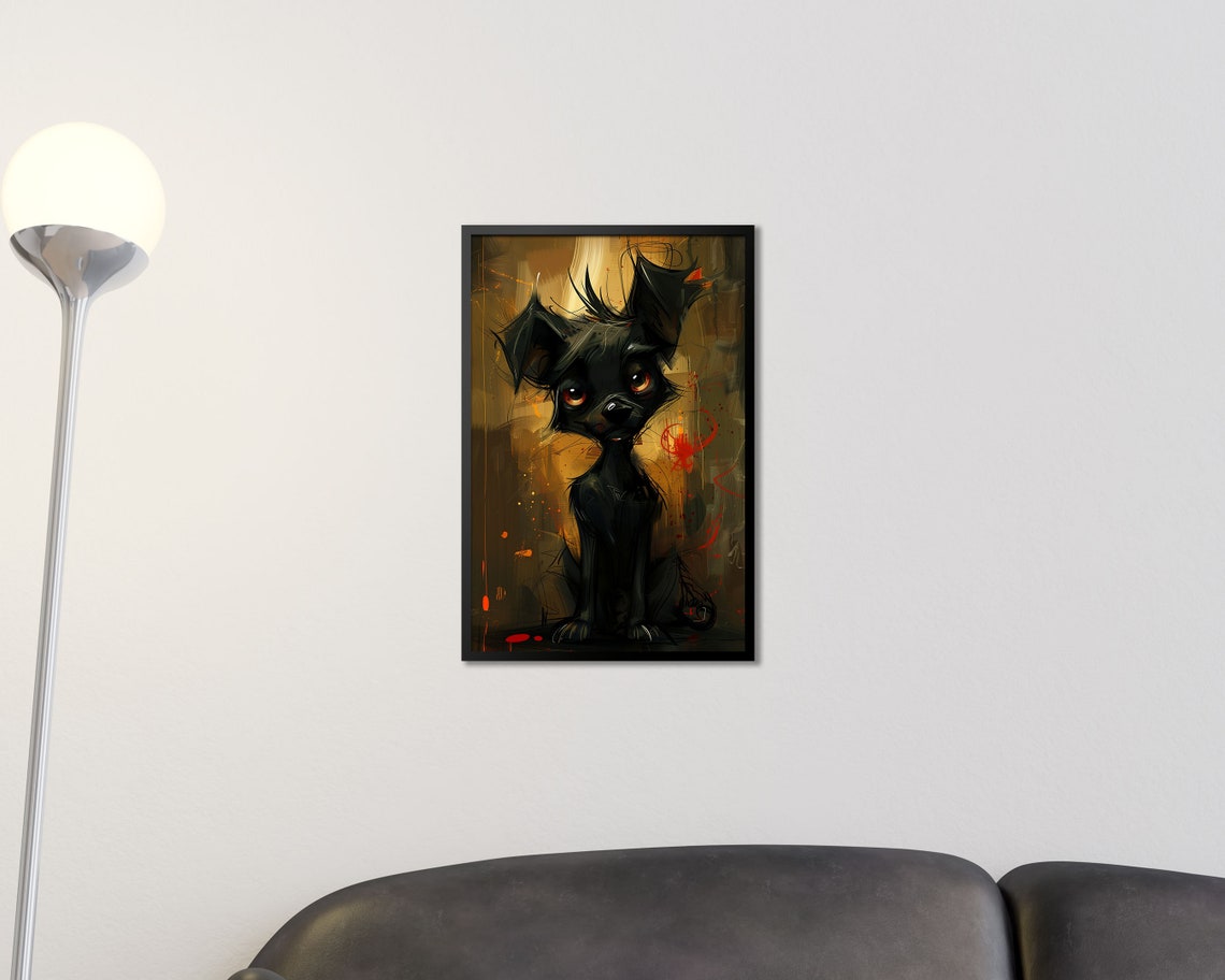 Expressive Black Puppy Big Eyes Quirky Painterly Pet Art Poster - Image 2
