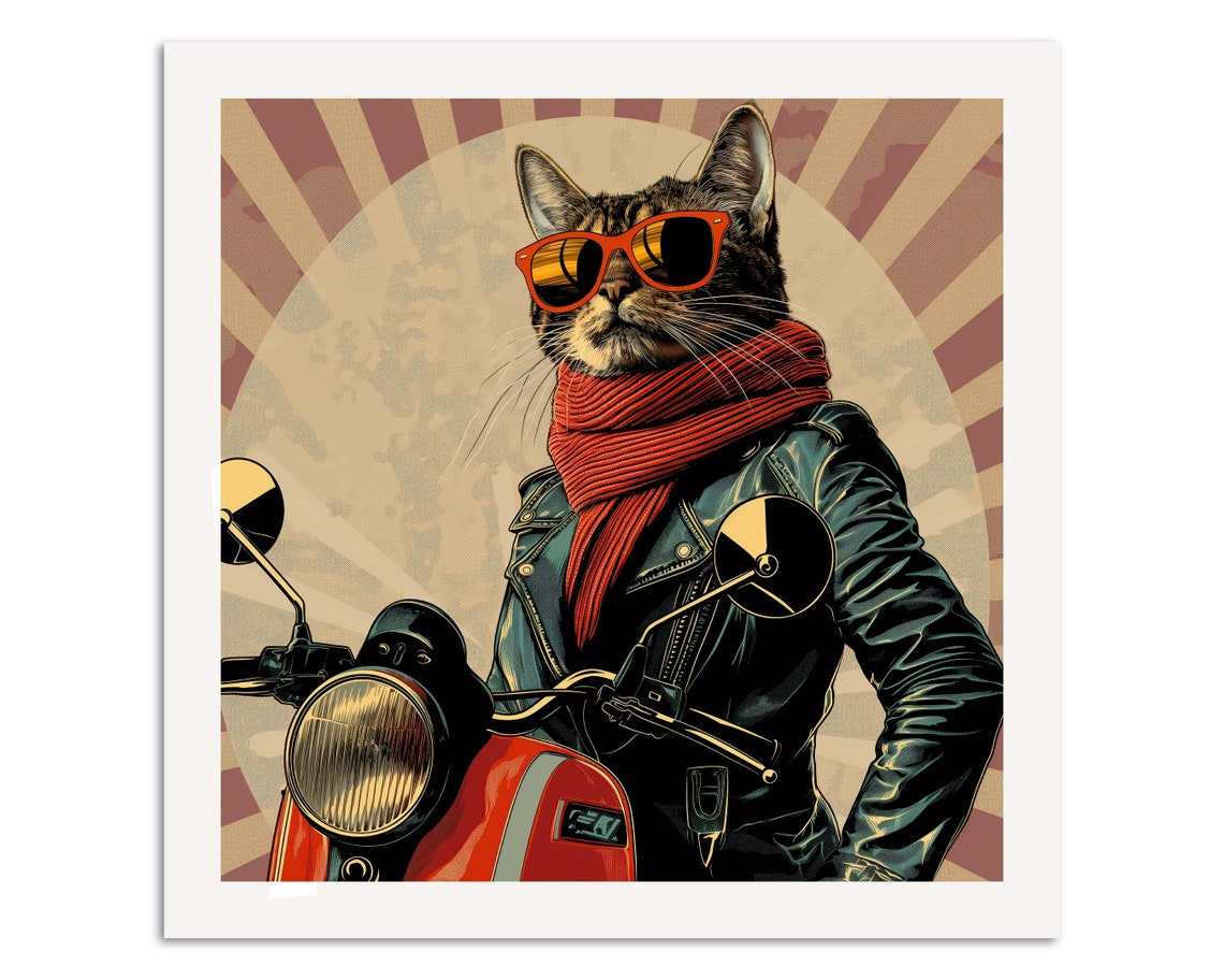 Cool Cat On Red Scooter Sunglasses Retro Biker Wall Art Print - Image 4