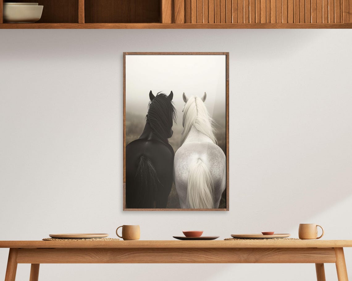 Black And White Horse Art Print Elegant Equine Wall Art Set Minimalist Animal Photography Nature Horse Decor Rear View For Living Room