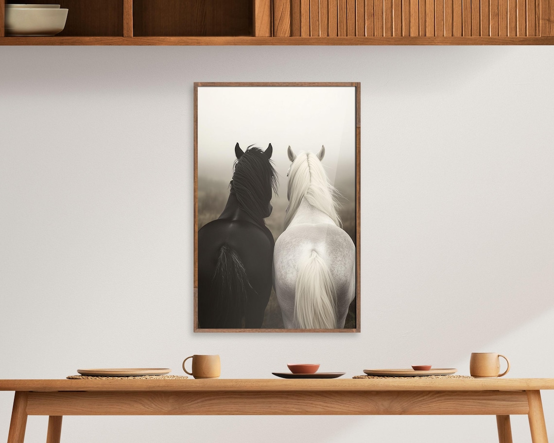 Black and White Horses Rear View Minimalist Equine Photography Poster