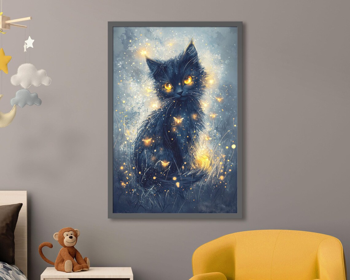 Mystical Black Kitten Golden Eyes Fireflies Magic Night Wall Art - Image 7
