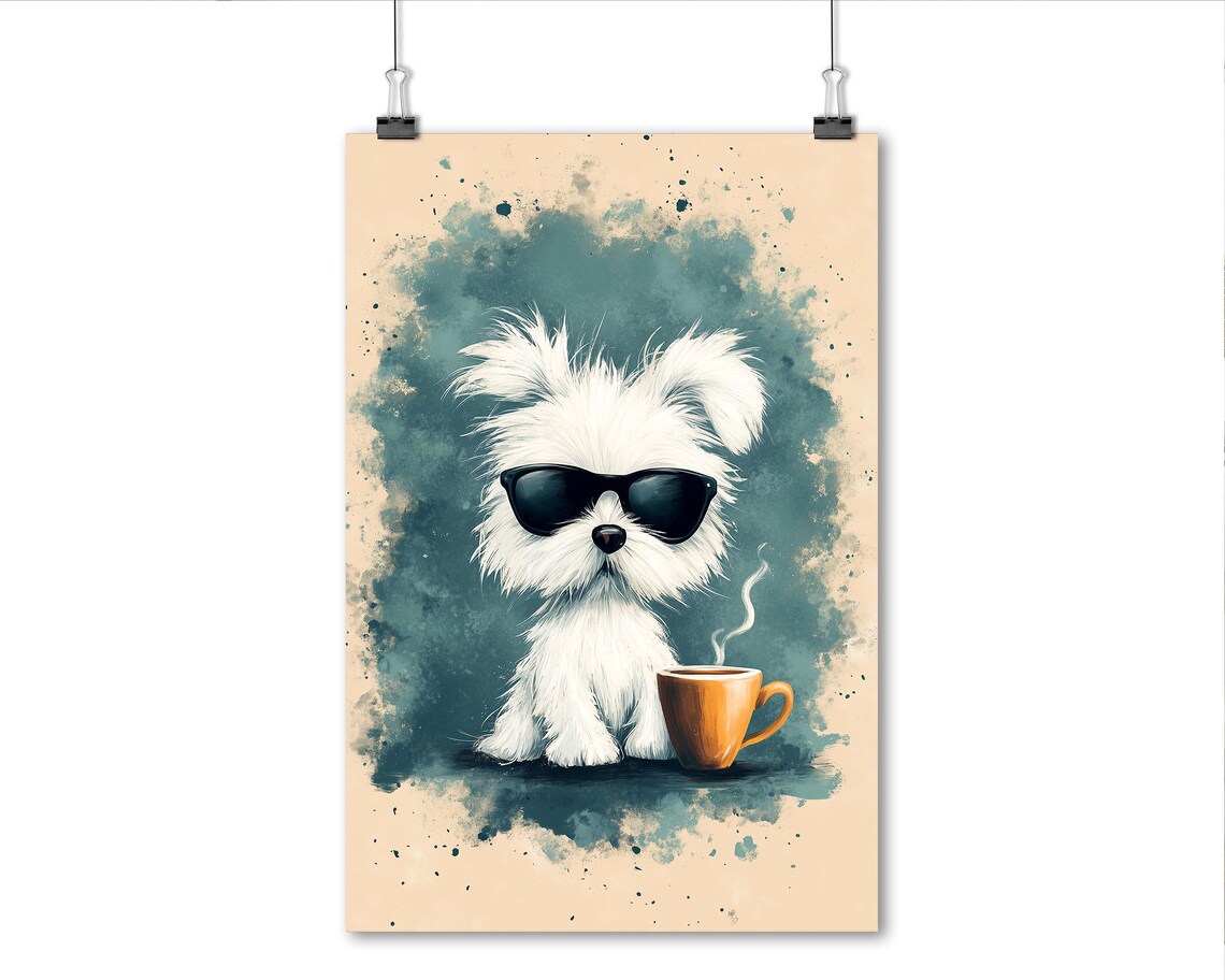 Cool White Dog With Sunglasses And Coffee Cup Funny Art Poster - Image 6