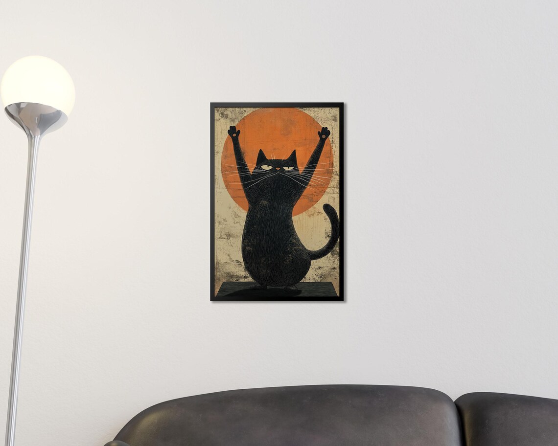 Zen Yoga Cat Stretch Pose Orange Sun Retro Meditation Wall Art - Image 2