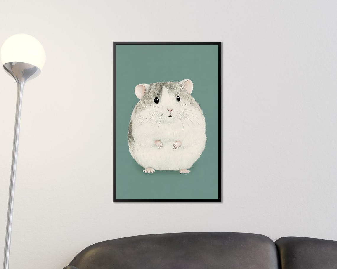 Cute Chubby Grey Hamster Portrait Minimalist Sage Green Wall Art - Image 3