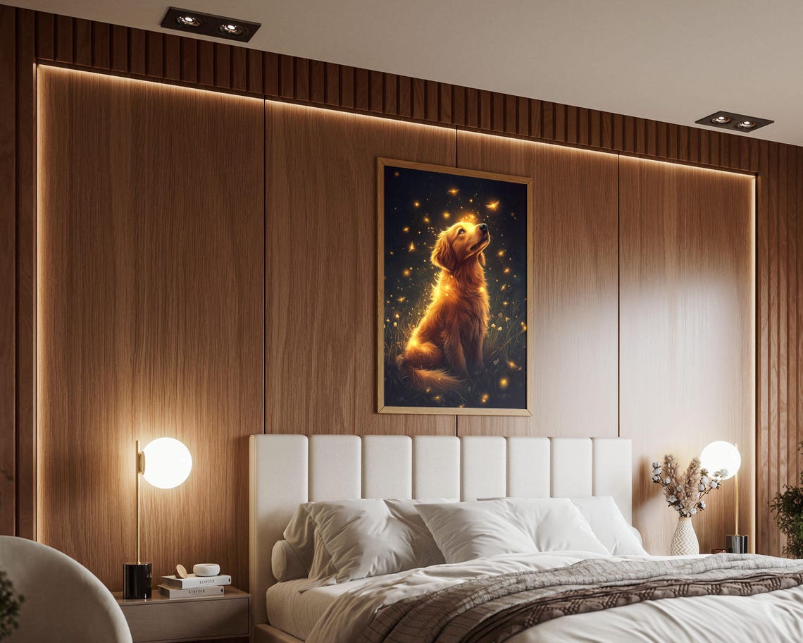 Golden Retriever Watching Fireflies Magical Night Sky Wall Art - Image 7