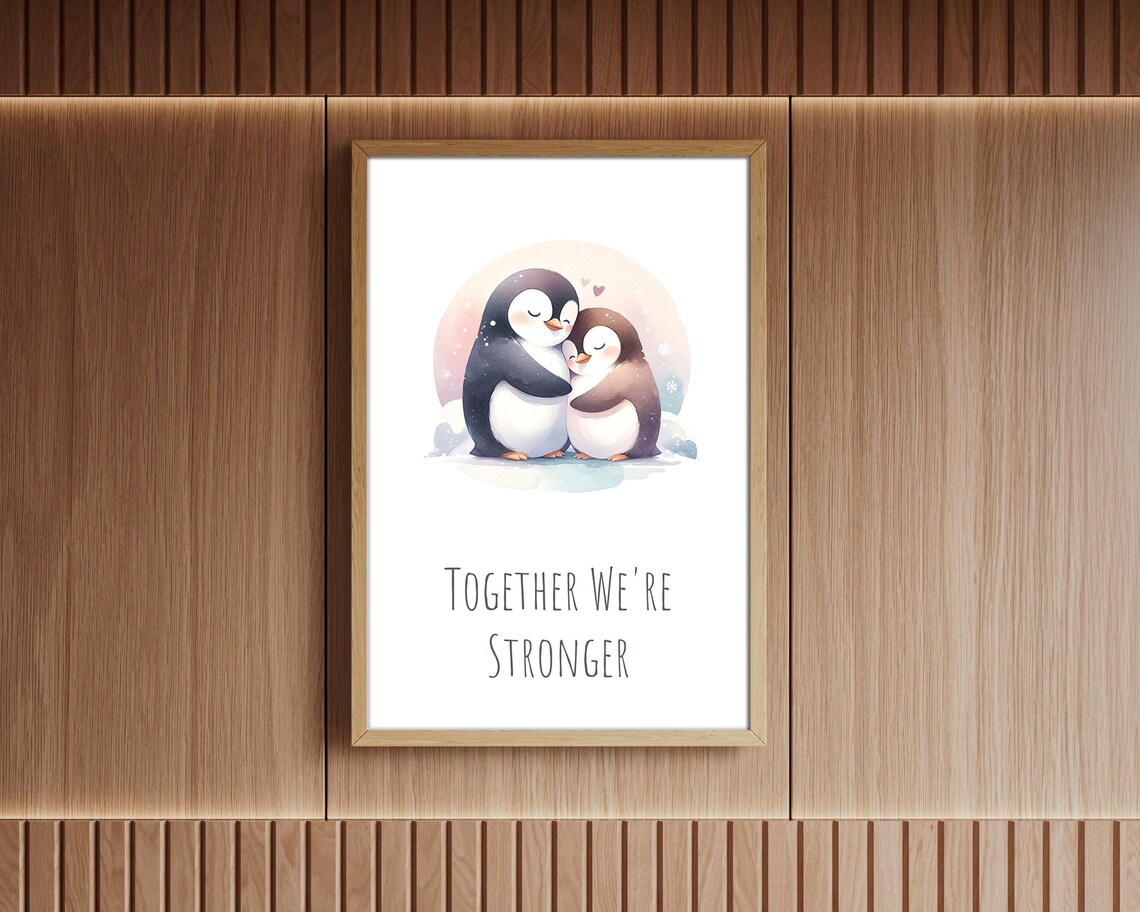 Together We Are Stronger Hugging Penguins Watercolor Love Unity Poster - Image 2