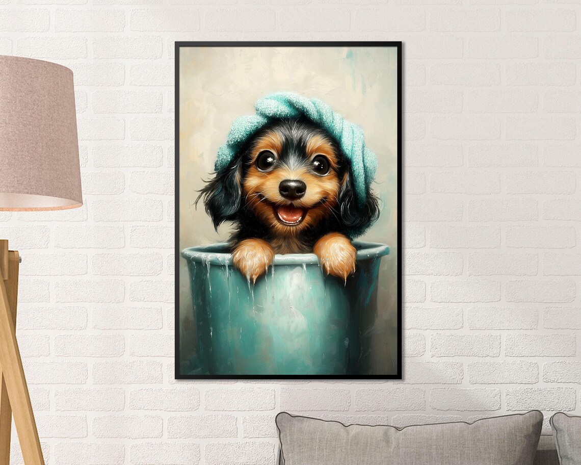 Dachshund Puppy Bath Time In Tub With Towel Cute Dog Art Poster - Image 2