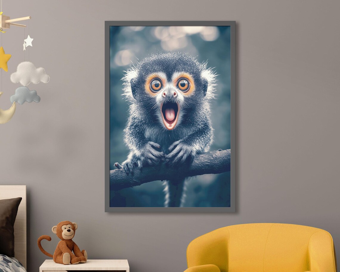 Surprised Baby Monkey Marmoset Open Mouth Cute Kids Room Art Poster