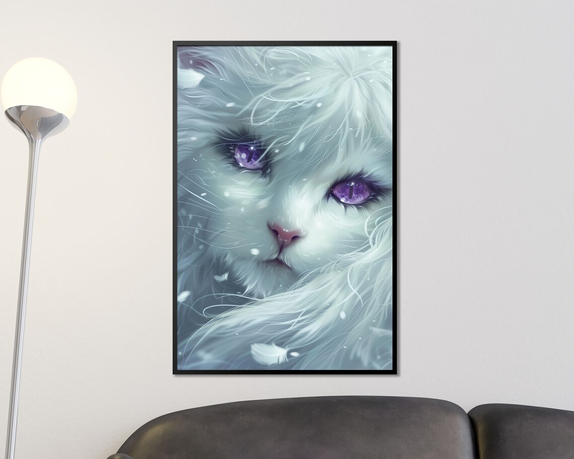 Mystical White Cat Purple Eyes Snowy Fantasy Feline Wall Art Print - Image 4