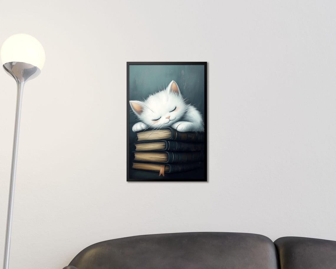 Sleeping White Kitten on Stack of Books Cozy Reading Wall Art - Image 2