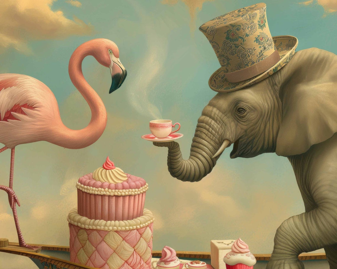 Elephant Flamingo Surreal Tea Party Boat Ocean Whimsy Art Poster - Image 2